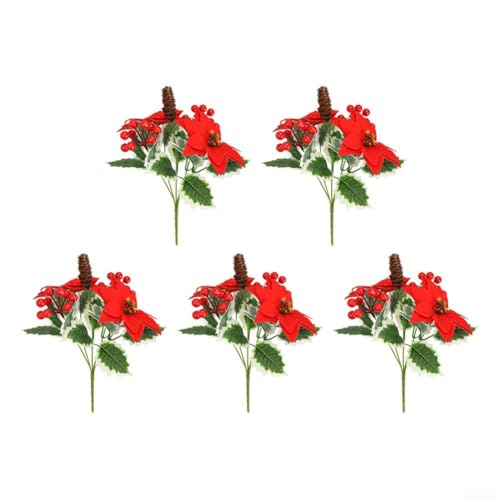 Künstlicher roter Weihnachtssternstrauß mit Tannenzapfen und Beeren, 32 cm, Weihnachtsblumenarrangement für Tisch, Kaminsims oder als Tischdekoration (B), 5 Stück von LUCKCDUO