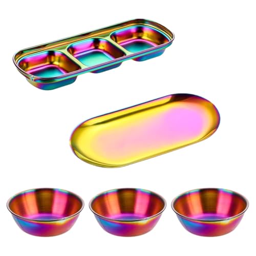 Saucenschalen-Set aus Edelstahl, mit Ablageschale und 3 Dip-Schalen, stapelbarer Gewürzbehälter für Küche, Party, Grill, Esstisch (bunt) von LUCKCDUO