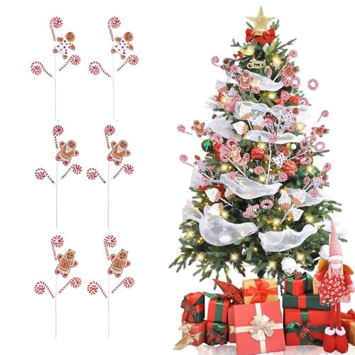 Set mit 6 Weihnachts-Pickern – 48 cm Plätzchenmann und Rohr-Ornamente für Baum, Blumenarrangements, Dekorationen von LUCKCDUO