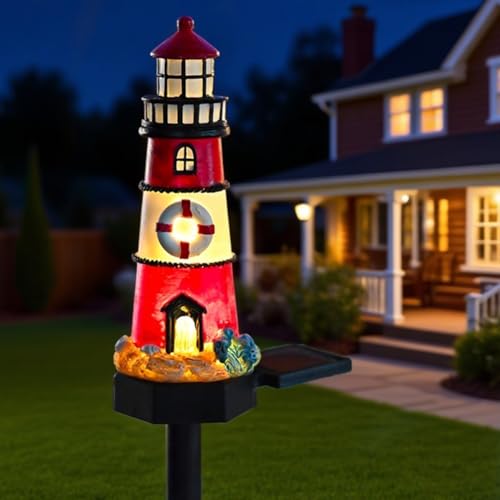 Solar-Leuchtturm-Gartenleuchte, wasserdicht, Harz, LED, für den Außenbereich, mit automatischem Dämmerungssensor für Terrasse oder Innenhof, Dekoration (rot) von LUCKCDUO