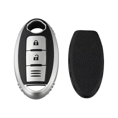 Weiche Schutzhülle für Autoschlüssel aus TPU-Leder, kompatibel mit Nissan Leaf Micra, Qashqai J11, J10, Trail T32, für Versa mit Prägeknopf (Stil 4 Silber) von LUCKCDUO