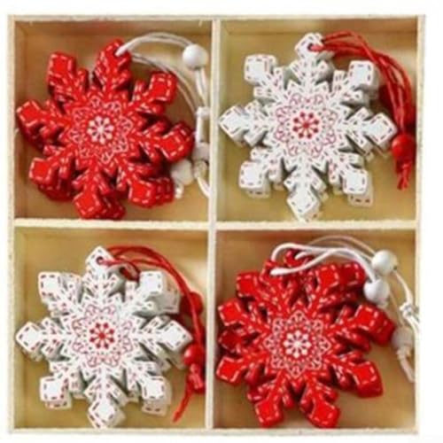 Weihnachtsschmuck, 12 Stück Holz-Weihnachtsschmuck zum Aufhängen, mit klassischem rot-weißem Design, für Ferienhausdekoration (Schneeflocken) von LUCKCDUO