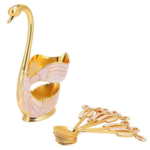 LUCKDANO Schwandekor, Kaffeelöffel Halter Kaffeelöffel mit Halter Swan Basishalter Kaffee Dessert Löffel Set für Kaffeefrüchte Dessert Eiscreme Kuchen (goldweiß) von LUCKDANO