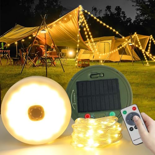 LUCKFEN Camping Lichterkette Aufrollbar Solar mit 8 Beleuchtungsmoden, Fernsteuerung, Timer-Funktion,Camping Lichterkette Außen USB Aufladungfür Camping, Garten, Wandern von LUCKFEN