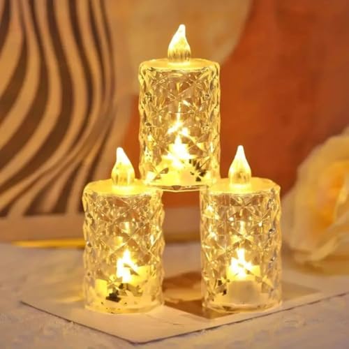 3 Stück Crystal Flameless Candle Light, Kristall Flammenloses Kerzenlicht, LED Klar Kristall-Kerzenlicht, Batteriebetriebene LED Stumpenkerzen, Desktop-Dekor, für Hochzeiten, Party, Weihnachten (L) von LUCKKY