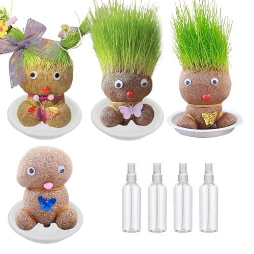 4 Stück DollyFun Graskopf-Puppe, Graskopf Puppenpflanze mit Tablett & Sprühflasche, Graskopf Wachsende Mini Graskopf Puppe Selbstwachsendes Gras Gartendeko Geschenk für Kinder von LUCKKY