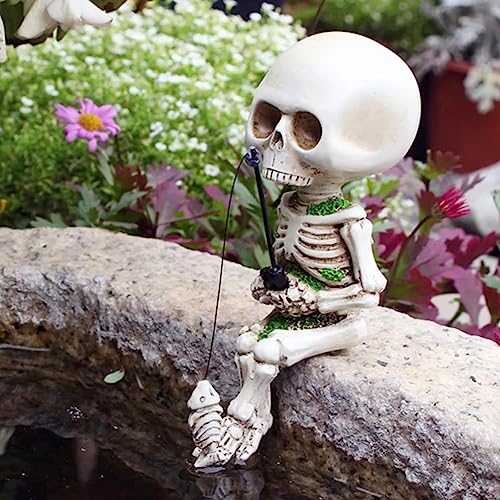 Fishing Skeleton Garden Accessory, Miniature Skeleton Figurines, Skelett Statue Gartendekoration, Mini Harz Angeln Skelettfiguren, Skelett Figuren Gothic Deko, Halloween Skelett Statuen Ornamente von LUCKKY