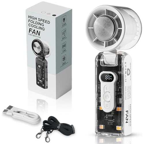 Kaltkompressen-Ventilator, transparenter Mini-Ventilator im Mecha-Stil, Tragbarer Turbo Handventilator, USB wiederaufladbarer, Tragbarer Mini Kühlung Ventilator mit LCD-Display für Outdoor (Weiß) von LUCKKY
