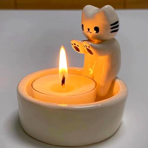 Kitten Candle Holder Warming Paws, Katzen-Kerzenhalter, Teelichthalter Katze, Niedlicher Cartoon-Kerzenhalter Dekoration Geschenk für Mädchen Frauen - ohne Kerzen (A) von LUCKKY