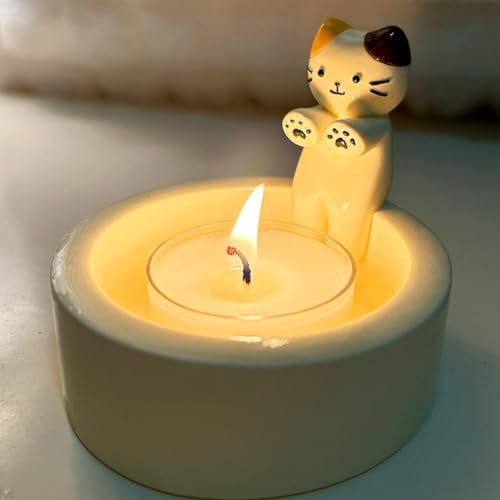 Kitten Candle Holder Warming Paws, Katzen-Kerzenhalter, Teelichthalter Katze, Niedlicher Cartoon-Kerzenhalter Dekoration Geschenk für Mädchen Frauen - ohne Kerzen (B) von LUCKKY