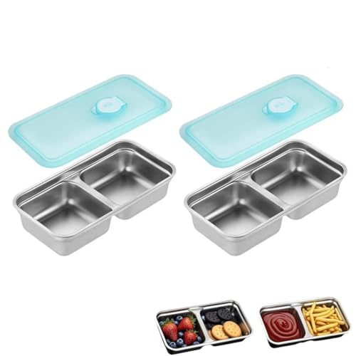LUCKKY 2 Stück Grab and Go Snack Containers Reusable, Edelstahl-Snackbehälter mit zwei Fächern, Wiederverwendbare Snack Behälter mit Deckel, Salatdressing- und Gewürzbehälter für Soßen,Snack,Reise von LUCKKY