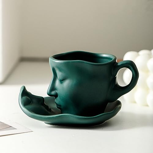 LUCKKY Berührendes Gesicht, kreative Keramik-Kuss-Kaffeetasse, Touching face creative ceramic kiss Coffee cup, Kiss Kaffeetasse mit Untertasse, Keramik-Gesichtsbecher-Set (100ML, Grün) von LUCKKY