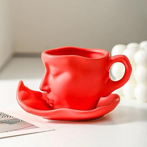 LUCKKY Berührendes Gesicht, kreative Keramik-Kuss-Kaffeetasse, Touching face creative ceramic kiss Coffee cup, Kiss Kaffeetasse mit Untertasse, Keramik-Gesichtsbecher-Set (100ML, Rot) von LUCKKY