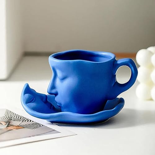 LUCKKY Berührendes Gesicht, kreative Keramik-Kuss-Kaffeetasse, Touching face creative ceramic kiss Coffee cup, Kiss Kaffeetasse mit Untertasse, Keramik-Gesichtsbecher-Set (260ML, Blau) von LUCKKY