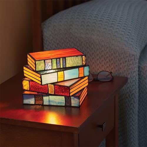 LUCKKY Stained Glass Stacked Books Lamp, Bunte Tischlampe aus Harz, Handgefertigte Buntglas Gestapelt Buchlampen, LED Buchlampen, gestapelte Bücher Glaslampe, Leseecke Beleuchtung Vintage Tischlampe von LUCKKY