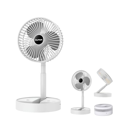 LUCKKY Telescopic Folding Fan, Teleskop-Faltventilator, Tragbarer USB wiederaufladbarer klappbarer Tischventilator, 3 Geschwindigkeiten Leise Oszillierender Ventilator, Mini-Kühlventilatoren (Weiß) von LUCKKY