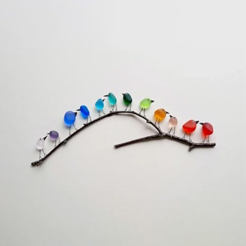 Meerglas Regenbogenvögel, Sea Glass Rainbow Bird Ornament, Seeglas-Kunstwerk, Regenbogenvögel auf Zweig, handgefertigte Seeglas-Vogel, Seeglas- und Treib-Bild-Wanddekoration - Ohne Fotorahmen (L) von LUCKKY