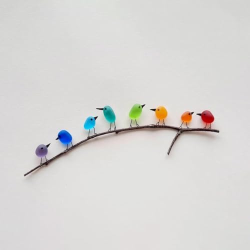 Meerglas Regenbogenvögel, Sea Glass Rainbow Bird Ornament, Seeglas-Kunstwerk, Regenbogenvögel auf Zweig, handgefertigte Seeglas-Vogel, Seeglas- und Treib-Bild-Wanddekoration - Ohne Fotorahmen (S) von LUCKKY