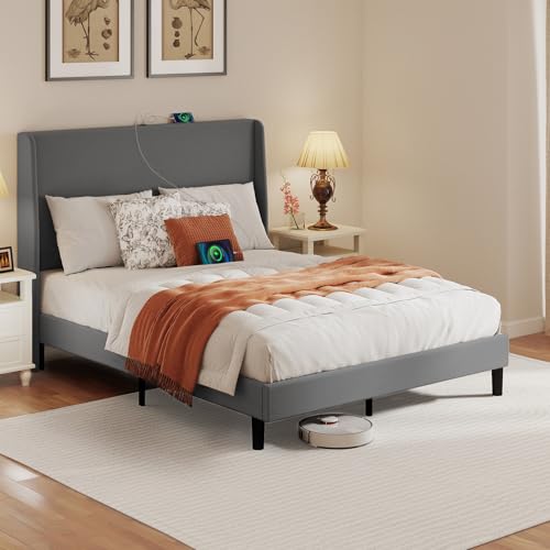 LUCKLIFE Queen Gepolstertes Bettgestell mit hohem Flügelkopfteil, Typ-C & USB-Anschlüssen, 129,5 cm hohes Kopfteil, stabile Holzlattenstütze, kein Boxspringbett erforderlich, einfache Montage, Grau von LUCKLIFE