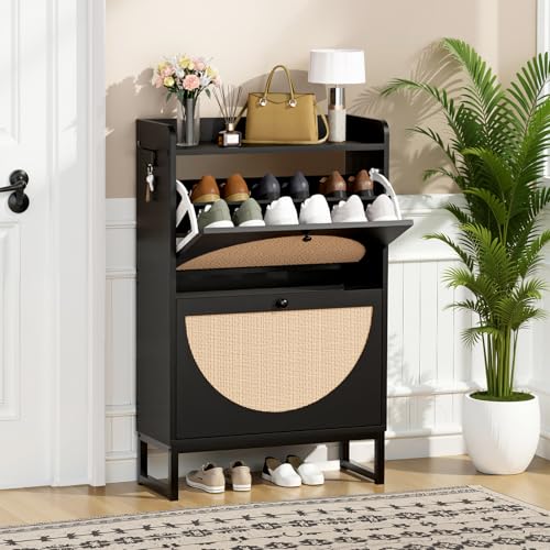 LUCKLIFE Schuhschrank, schmaler Rattan-Schuhschrank mit Klappschubladen, versteckter schmaler Schuhschrank für Eingangsbereich, Flur (schwarz) von LUCKLIFE