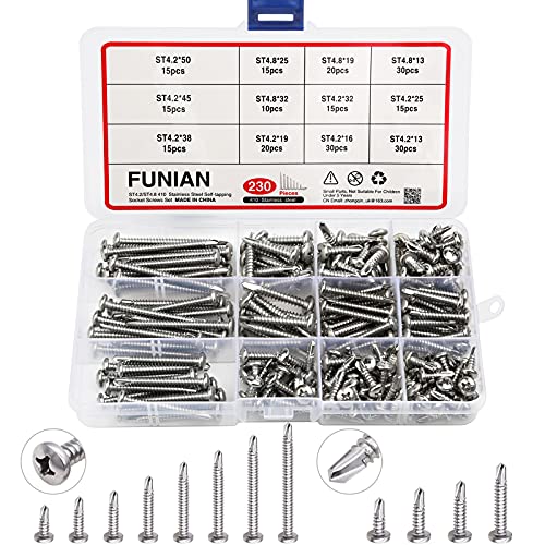 230 Stück Selbstschneidende Schrauben, 410 Edelstahl Bohrschrauben Selbstschneidend Kit, Selbstbohrende Blechschrauben Set - 12 Größen ST4,2 * 13/16/19/25/32/38/45/50mm, ST4,8 * 13/19/25/32mm 230 Stück Selbstschneidende Schrauben, 410 Edelstahl Bohrschrauben Selbstschneidend Kit, Selbstbohrende Blechschrauben Set - 12 Größen ST4,2 * 13/16/19/25/32/38/45/50mm, ST4,8 * 13/19/25/32mm von LUCKNIGHT