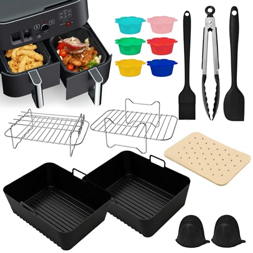 LUCKNIGHT Heißluftfritteuse Zubehör, Dual Zone HeißLuftfritteuse Zubehör für Ninja Foodi AF300eu, AF400eu, Multicooker für 7,6L-9,5L Heissluftfriteuse, mit Air Fryer Silikonmatte, Grillroste, usw von LUCKNIGHT