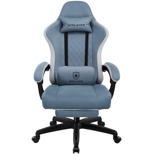 LUCKRACER Gaming Stuhl aus Stoff, Computer Bürostuhl mit Fußstütze, Racing Gamer Stuhl 150kg Belastbarkeit, 90-135° Rückenlehne einstellbar Ergonomischer PC Stuhl, 360° drehbar, Hellblau von LUCKRACER
