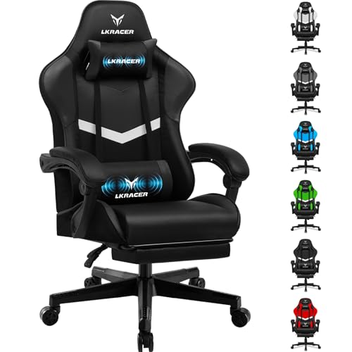 LUCKRACER Gaming Stuhl mit fußstütze Bürostuhl Ergonomisch mit verstellbare Lendenkissen, Kopfkissen Gaming Chair,Höhenverstellbarer Gamer Stuhl, 150 kg Belastbarkeit, Schwarz von LUCKRACER