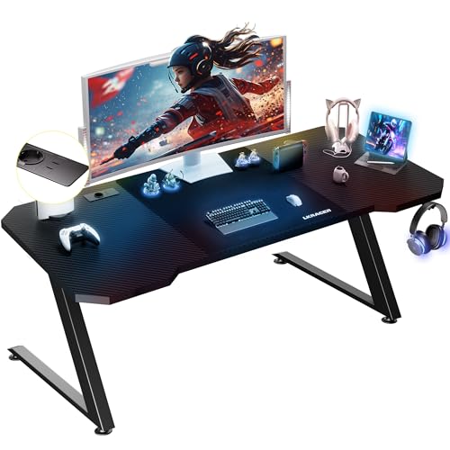 LUCKRACER Gaming Tisch, Gaming Schreibtisch, 120 x 60 cm,Ergonomischer PC Schreibtisch, mit Steckdosenleiste, PC Tisch mit Kohlefaseroberfläche, Getränkehalter und Kopfhörerhalter, Schwarz von LUCKRACER