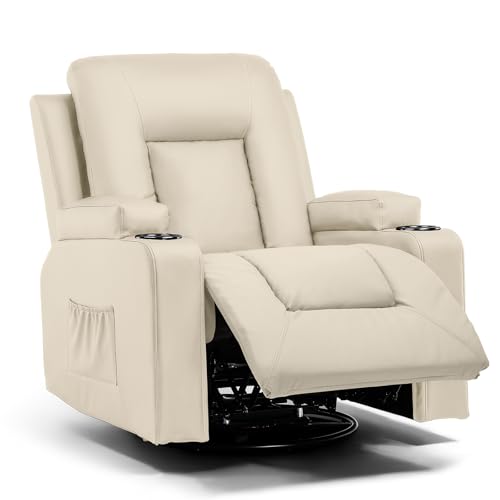 LUCKRACER Relaxsessel Fernsehsessel mit Liegefunktion und Fußstütze, 360°Drehbarer TV Sessel Wohnzimmer, Schaukelstuhl mit Getränkehaltern und 2 Seitentaschen Weiß von LUCKRACER