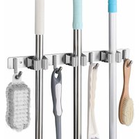 Wandmontierter Besenhalter aus Edelstahl, Besenablage mit 3 Schlitzen und 4 Haken für Küche, Bad, Garage und Garten – Grau Wandmontierter Besenhalter aus Edelstahl, Besenablage mit 3 Schlitzen und 4 Haken für Küche, Bad, Garage und Garten – Grau von LUCKY-88