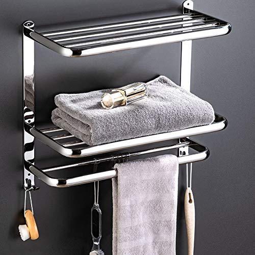 LUCKY-BOYY Handtuchablage Bad, Badetuchablage Edelstahl, Handtuchstange Mit 2 Ablagen, Wand, Mit 5 Haken Verstellbarer Stange Silver 50cm von LUCKY-BOYY