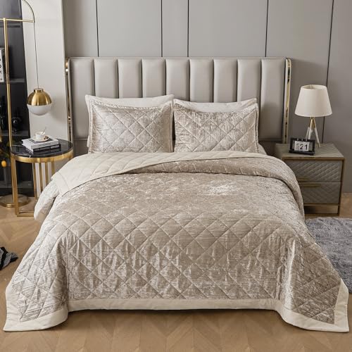 LUCKYBULL Champagnerfarbenes Koreanisches Samt-Bettwäsche-Set California King XL Größe (284,5 x 264,2 cm), 3-teilig, luxuriöse, strukturierte weiche Tagesdecke mit 2 Kissenbezügen, wendbares von LUCKYBULL