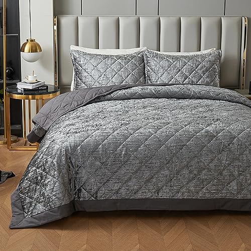 LUCKYBULL Graues koreanisches Samt-Steppdecken-Set, Queen-Size-XL-Größe (228,6 x 243,8 cm), 3-teilig, luxuriöse, strukturierte weiche Tagesdecke mit 2 Kissenbezügen, wendbares Bettbezug-Set für alle von LUCKYBULL