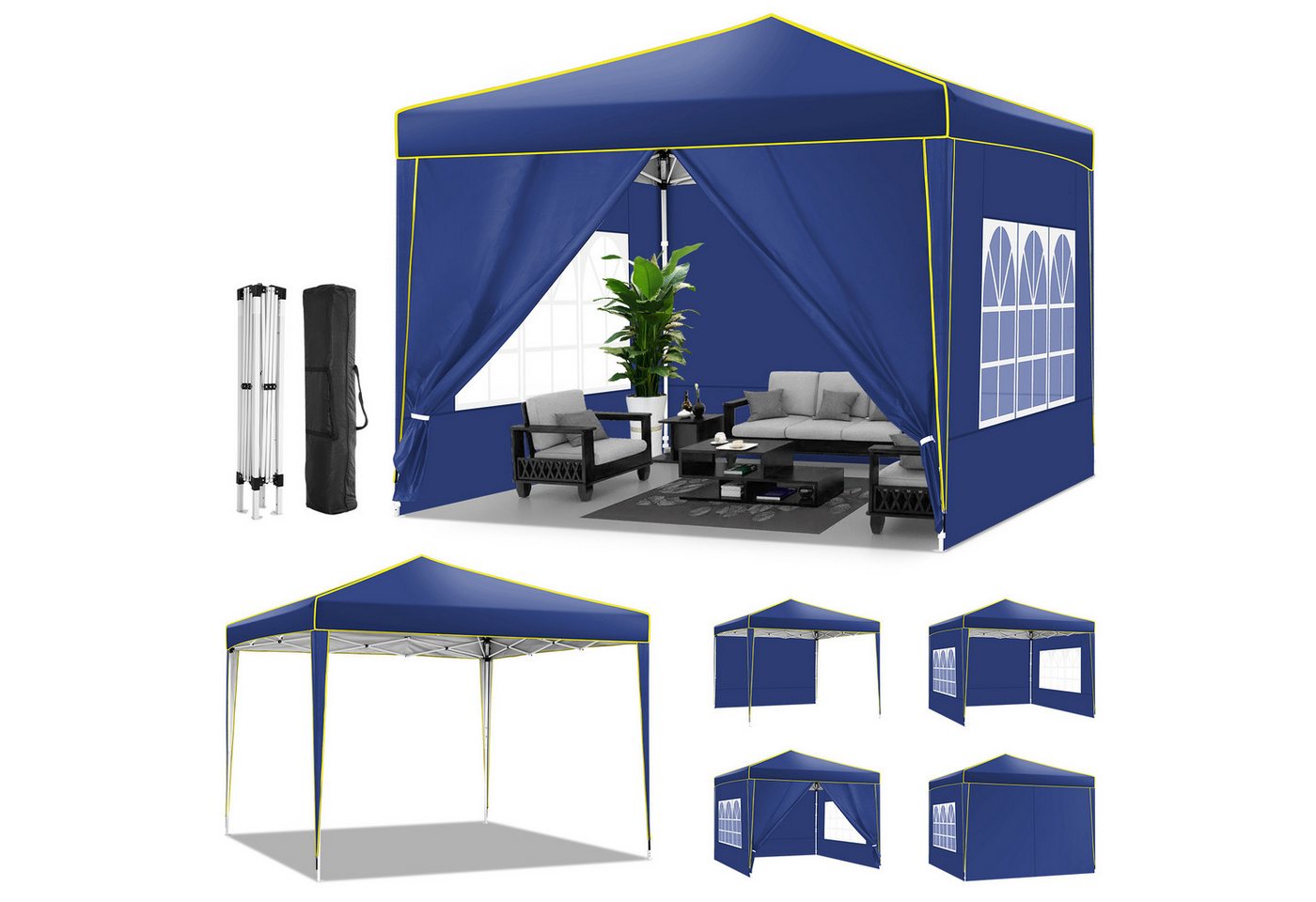 LUCKZON Faltpavillon 3x3m, Pop Up Pavillon Faltbar, Wasserdicht Gartenzelt, UV-Schutz 50+, mit 4 Seitenteilen, LxBxH: 300x300x250 cm, Pavillons & Partyzelte Festzelt mit 4 Seiten von LUCKZON