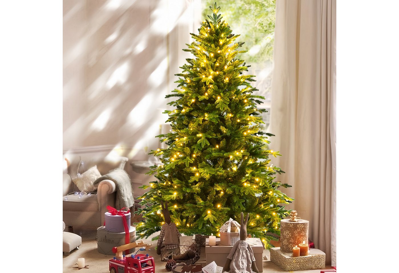 LUCKZON Künstlicher Weihnachtsbaum 6FT (183 cm) PVC/PE-PVC-Mix vormontierter Tannenbaum Indoor Geschenke, Edeltanne, Nordmanntanne, Fichte, mit 250 warm/bunt LED-Lichtern Metallständer u. Klappscharnier-Zweigen von LUCKZON