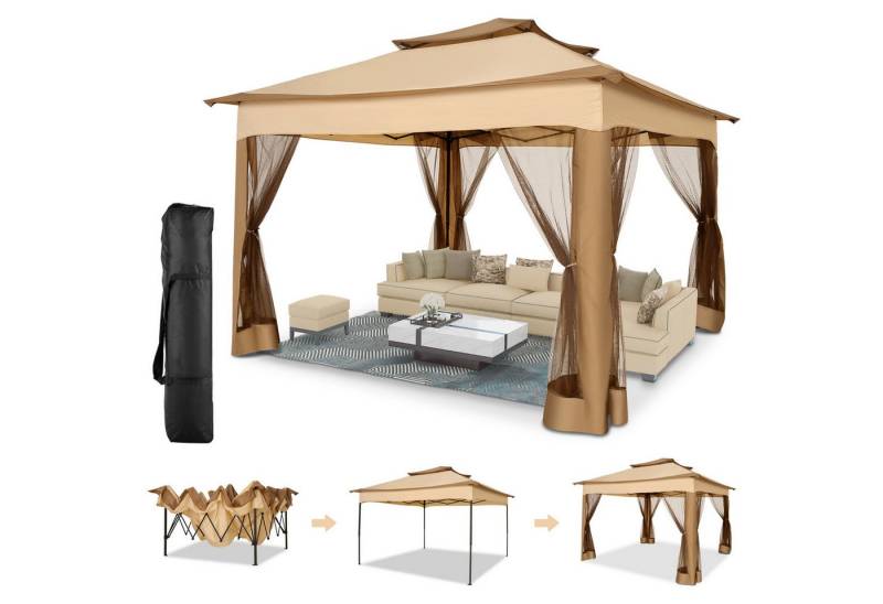 LUCKZON Pavillon 3 x 3 m Pop-up Faltpavillon Sonnenschirm mit Moskitonetz UV-Schutz 50+, mit 4 Seitenteilen, Doppeltes Dach mit Belüftungsloch inkl. Tragetasche von LUCKZON