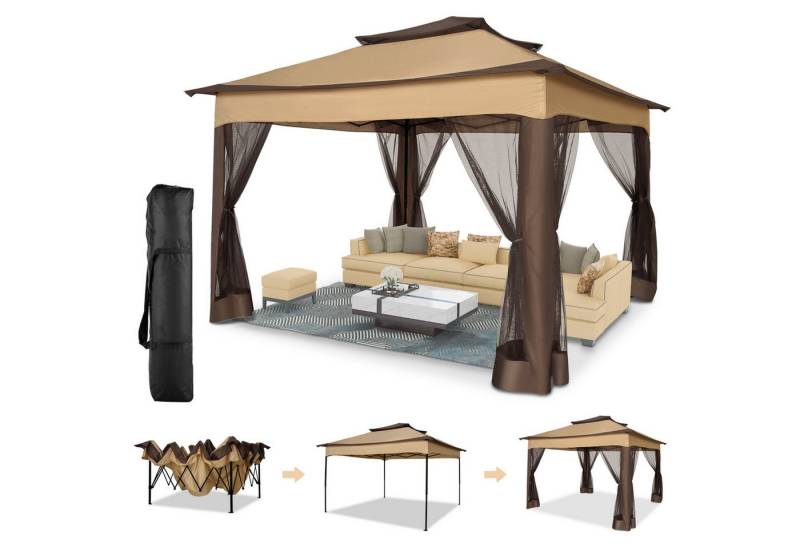 LUCKZON Pavillon 3 x 3 m Pop-up Faltpavillon Sonnenschirm mit Moskitonetz UV-Schutz 50+, mit 4 Seitenteilen, Doppeltes Dach mit Belüftungsloch inkl. Tragetasche von LUCKZON