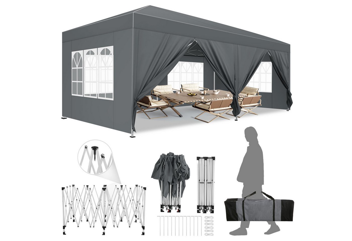 LUCKZON Pavillon 3x6m, wasserdicht&UV-Schutz 50+, inkl. Tragetasche, 12 Heringen, mit 6 Seitenteilen, 6 Abspannseilen 4 Sandsäcken verstärkte Stange in der Mitte des Dachs LUCKZON Pavillon 3x6m, wasserdicht&UV-Schutz 50+, inkl. Tragetasche, 12 Heringen, mit 6 Seitenteilen, 6 Abspannseilen 4 Sandsäcken verstärkte Stange in der Mitte des Dachs von LUCKZON