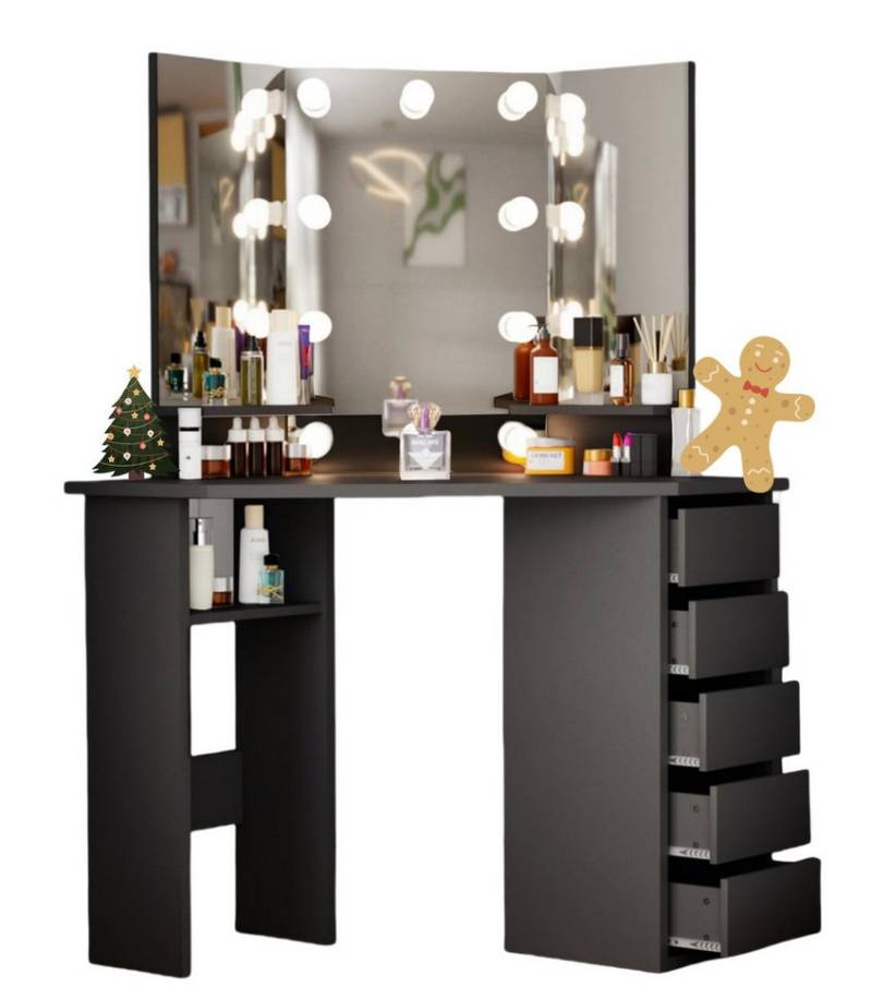 LUCKZON Schminktisch 112x50x142.5 cm Frisiertisch mit 3 Spiegel und 5 Schubladen (Packung), einstellbare Helligkeit, für Frauen und Mädchen Weihnachtsgeschenke von LUCKZON