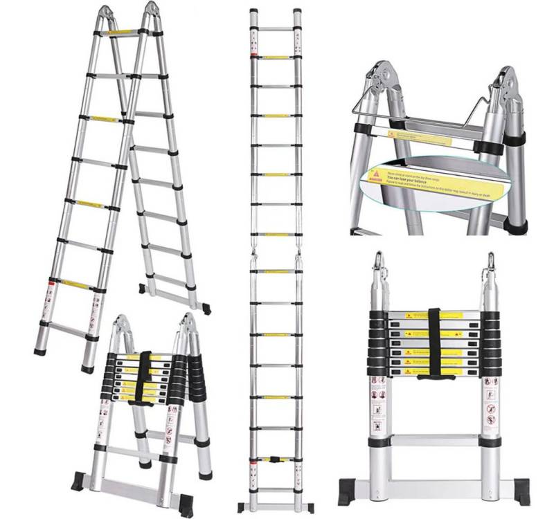 LUCKZON Teleskopleiter 5M(2.5+2.5M) Alu Teleskopleiter Klappleiter Schiebeleiter, Rutschfester, 150 kg Belastbarkeit Mehrzweckleiter, 16 Sprossen von LUCKZON