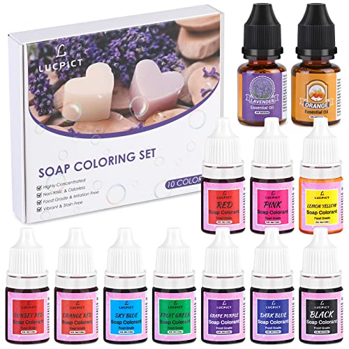 LUCPICT Seifenfarbe Set 10 Farben, Hautsichere Seifenfarben für die Seifenherstellung mit 2 Ätherischen Öle, Flüssige Seifenfarbe für DIY Badebomben, Handgemachte Seifen, Schleim, Ton, Kunsthandwerk von LUCPICT