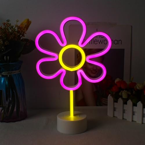 LUCUNSTAR Blume Neon Schild mit Basis, Daisy Neon Licht mit USB/Batterie, LED Licht Up Schild Pwoered für Desktop, Wohnzimmer, Schlafzimmer von LUCUNSTAR
