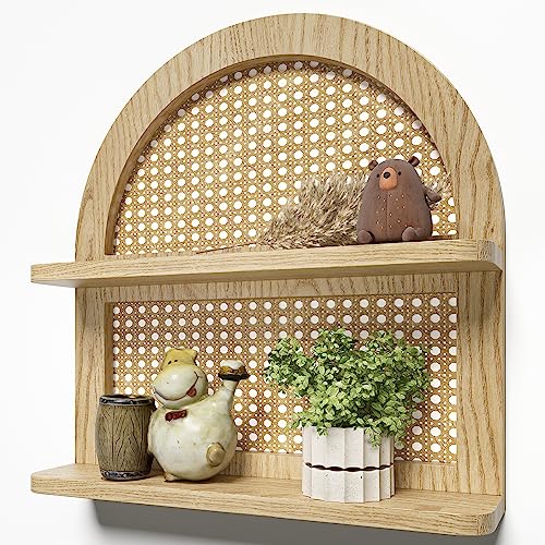 Holz-Boho-Rattan-Wandregal – 2-stöckiges gewölbtes Korbgeflecht, schwebendes Regal, natürliches Holz, neues Boho-Regal, rustikales Bauernhaus-Kinderzimmer-Dekorregal, Wandmontage, neutrale Handarbeit von LUDORU