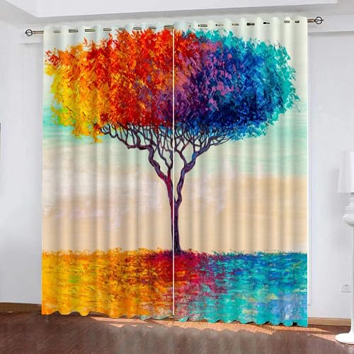 LUDSOL 3D Bunter Baum Muster Vorhänge Helle Farben Verdunkelung mit Ösen Vorhänge Kälteschutz Thermo Gardinen 260×140cm 2 Stücke (HöhexBreite) für Fenster Home Dekoration von LUDSOL