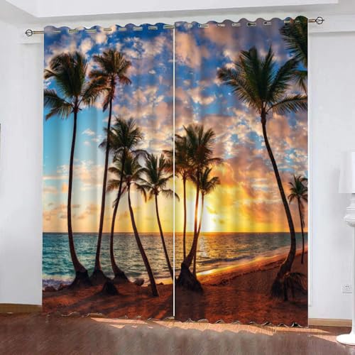 LUDSOL 3D Gedruckt Sonnenuntergang Ozean Muster Vorhänge Strandpalmen Verdunkelung Vorhang Vorhang Mit Ösen 225×140cm 2 Paneele(H×B) für Wohnzimmer Schlafzimmer Fenster Home Dekoration von LUDSOL