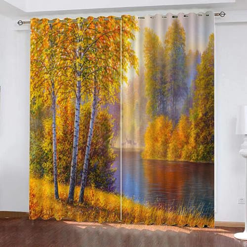 LUDSOL 3D Goldener Wald Muster Vorhänge Grassee Verdunkelung mit Ösen Vorhänge Kälteschutz Thermo Gardinen 175×140cm 2 Stücke (HöhexBreite) für Fenster Home Dekoration von LUDSOL