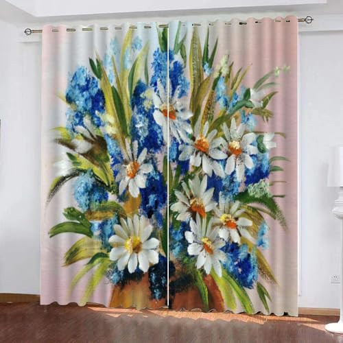 LUDSOL 3D Weißes Gänseblümchen Muster Vorhänge Blumen Pflanzen 2er Set Verdunklungsvorhang 138×117cm(HxB) 2 Paneele Lärmschutz Thermogardine für Wohnzimmer Schlafzimmer Fensterdekoration von LUDSOL