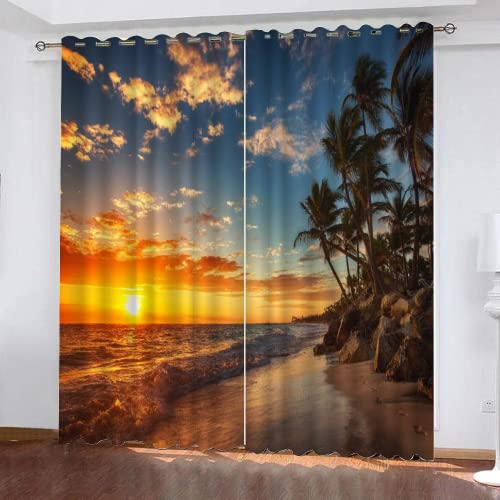 LUDSOL Abendwellen Verdunkelung Kälteschutz Thermo Blickdichte Vorhang, Riffpalme 3D Gedruckt Vorhänge für Wohnzimmer Schlafzimmer Fenster 245x140cm(HöhexBreite) 2er Set von LUDSOL