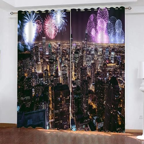 LUDSOL Blühendes Feuerwerk Verdunkelung mit Ösen Vorhänge, Hoch Aufragende Stadt 3D Gedruckt vorhänge 2er Set 138×117 cm (H×B) Kälteschutz Thermo Vorhang für Wohnzimmer Schlafzimmer Fenster von LUDSOL